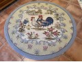 Hand-Hooked Circular Wool Rooster Motif Carpet, 3’-11” Diameter