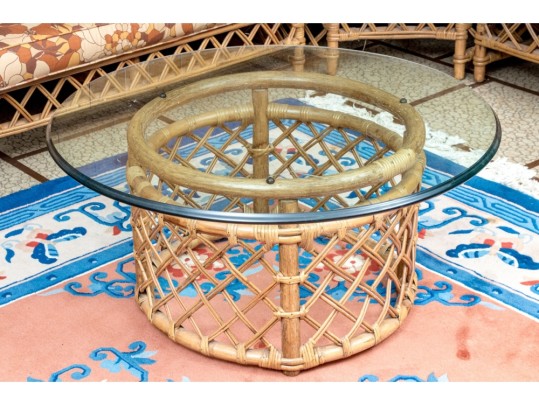 Bamboo And Willow Woven Glass Top Pedestal Table