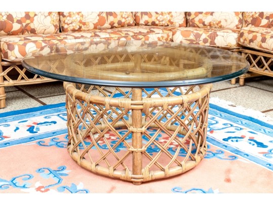 Bamboo And Willow Woven Glass Top Pedestal Table