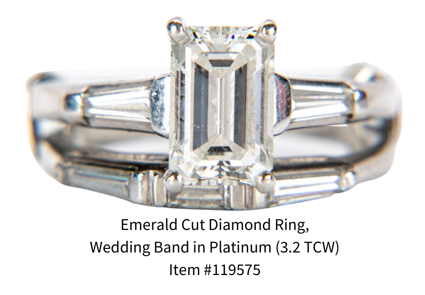 A ladies diamond engagement and wedding band set in platinum, with emerald cut diamond and diamond baguettes