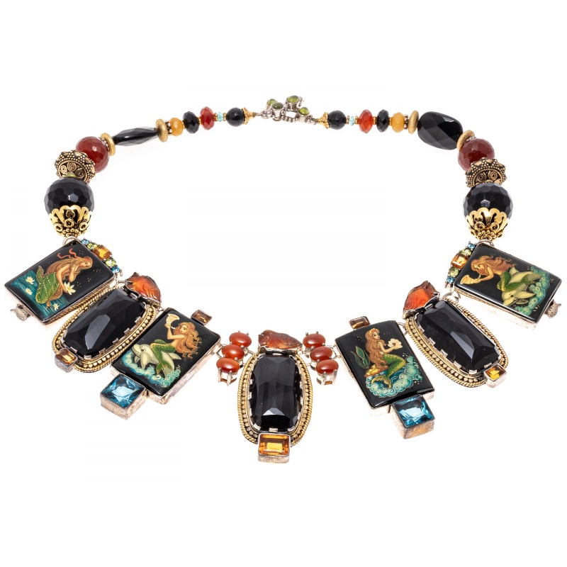 Hand-Painted Amy Kahn Russell Sterling Silver, Onyx, Carnelian And Citrine Mermaid Tile Necklace