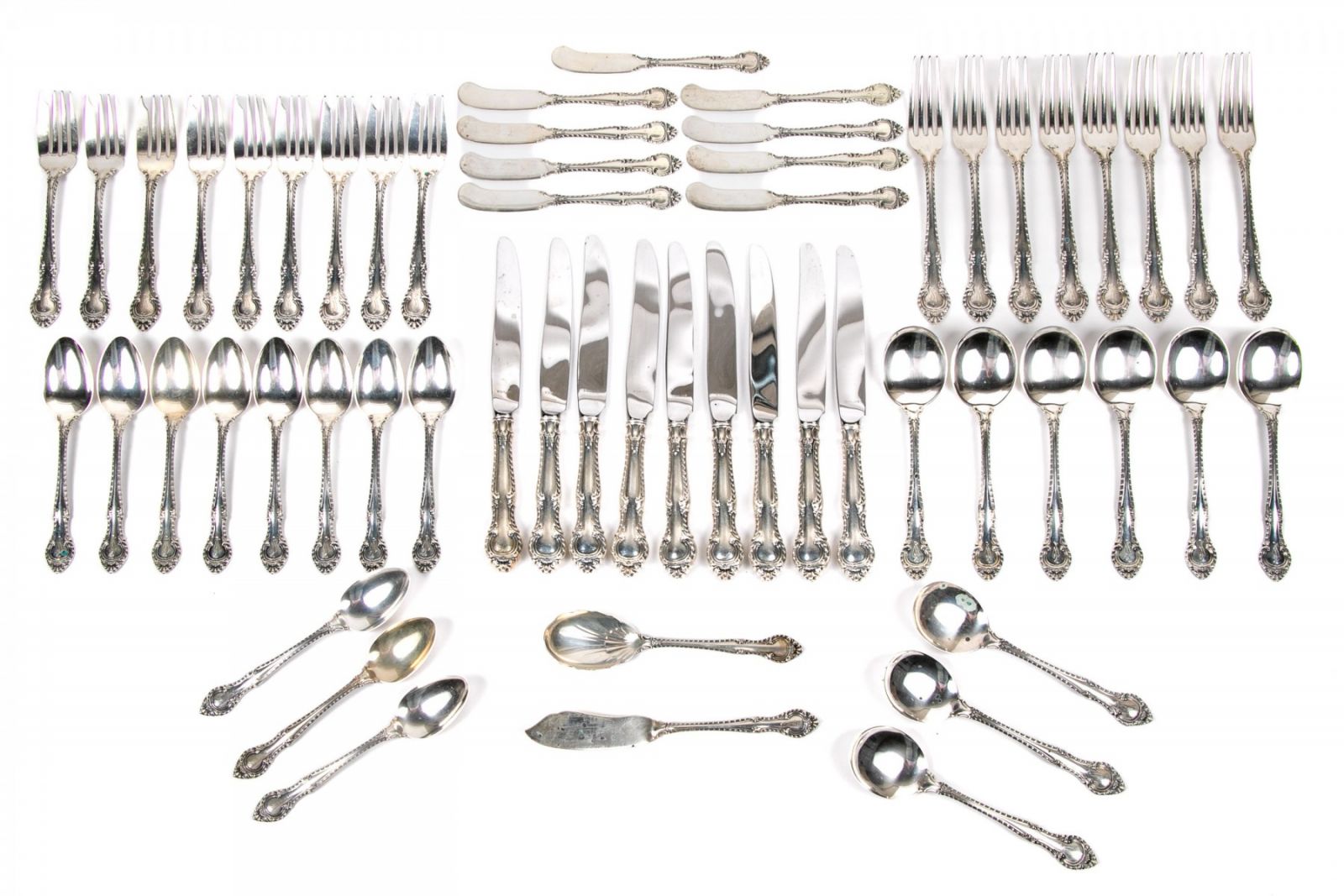 PARTIAL SET OF GORHAM STERLING SILVER FLATWARE ENGLISH GADROON PATTERN 54.245 WEIGHABLE TROY OZS.