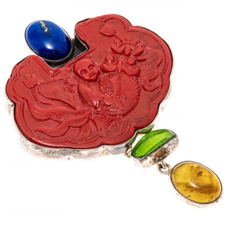 Amy Kahn Russell Sterling Silver, Carved Cinnabar, Lapis And Amber Brooch