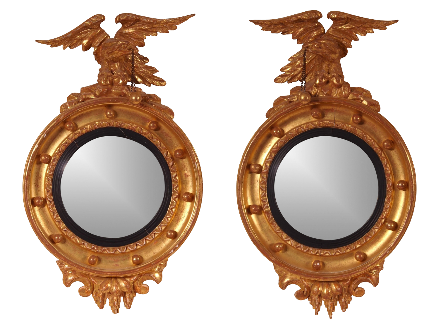 Pair Of 19th Century Carved Wood, Gilt And Gesso Convex Wall Mirrors