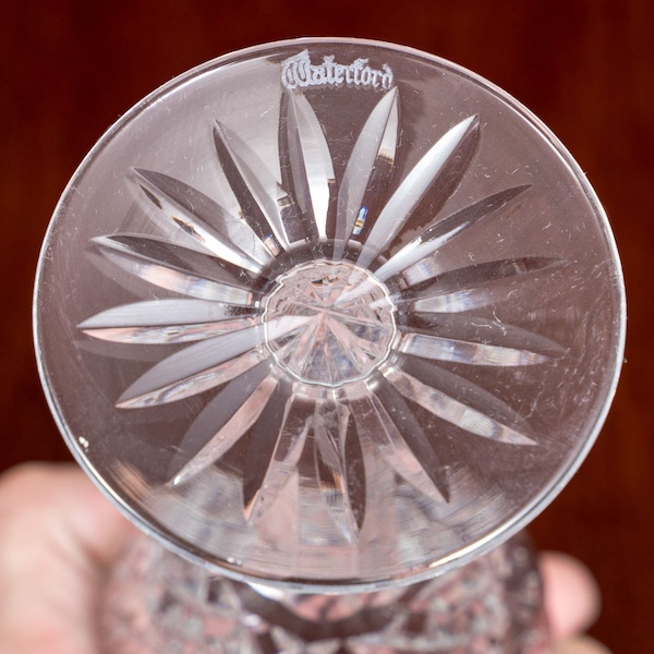 The base of a piece of Waterford Crystal stemware features the Waterford acid-etched logo siganture