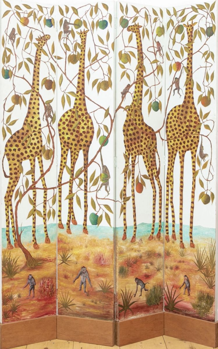 Jasmin Joseph (Haitian, 1923-2005) Hand Painted Giraffe Four Panel Screen