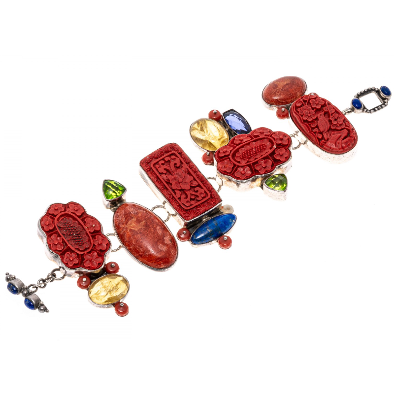  Amy Kahn Russell Sterling Silver Intricately Carved Cinnabar, Lapis And Howlite Bracelet