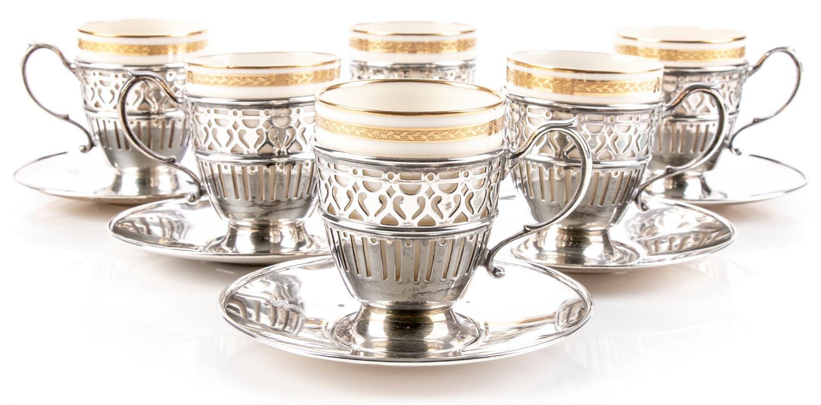 SIX TIFFANY STERLING SILVER HOLDERS WITH LENOX PORCELAIN CUPS