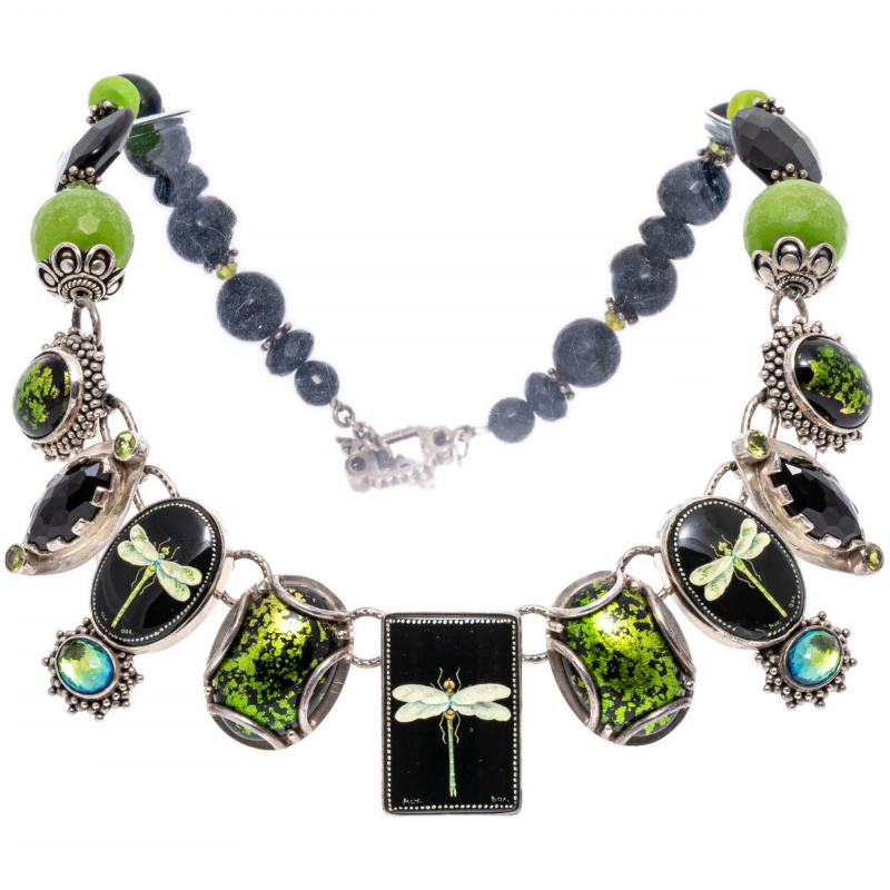 Hand-Painted Amy Kahn Russell Sterling Silver, Onyx, Jade And Peridot Dragonfly Tile Necklace
