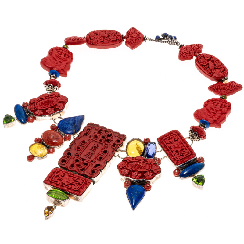 Amy Kahn Russell Sterling Silver Bold Intricately Carved Cinnabar, Lapis And Howlite Necklace