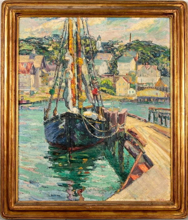 Bertha Walker Glass, (American, 1879-1971) Colorful 20th C. Oil On Canvas, Fishing Boat In A Harbor (Item 94861)