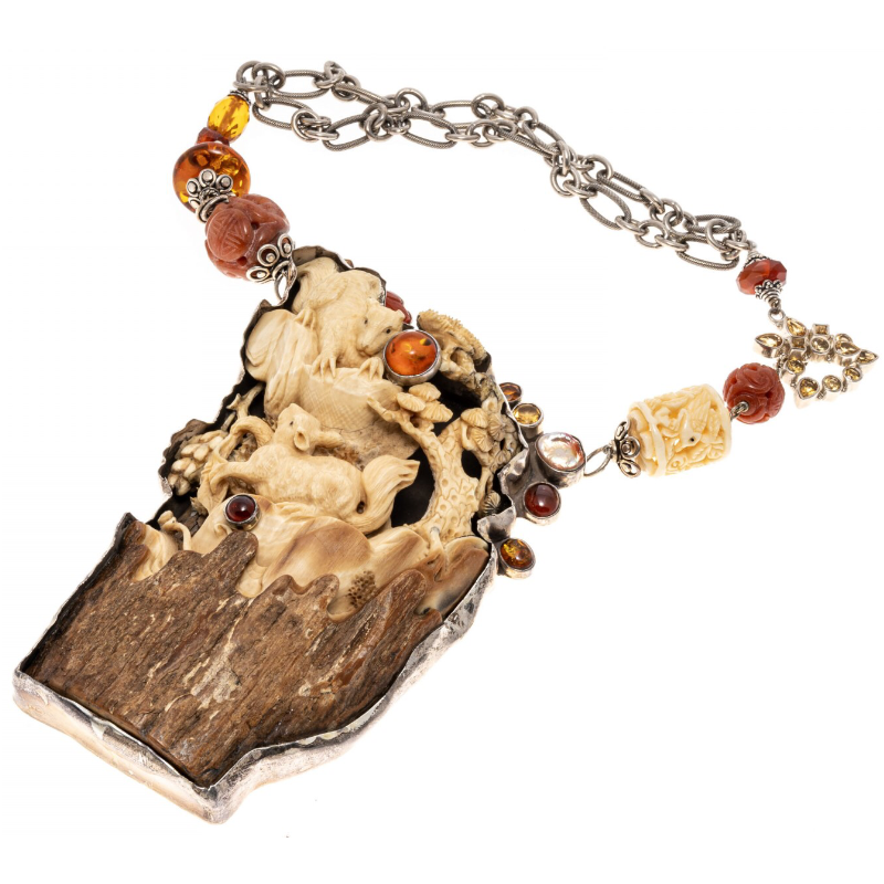 Exceptional Amy Kahn Russell carved fossilized ivory, amber and citrine necklace
