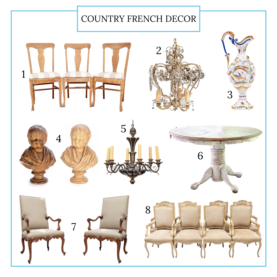 Eight curated furniture and decorative accessory lots were selected. They include several sets of French country chairs, chandeliers, busts, and porcelain pitcher.