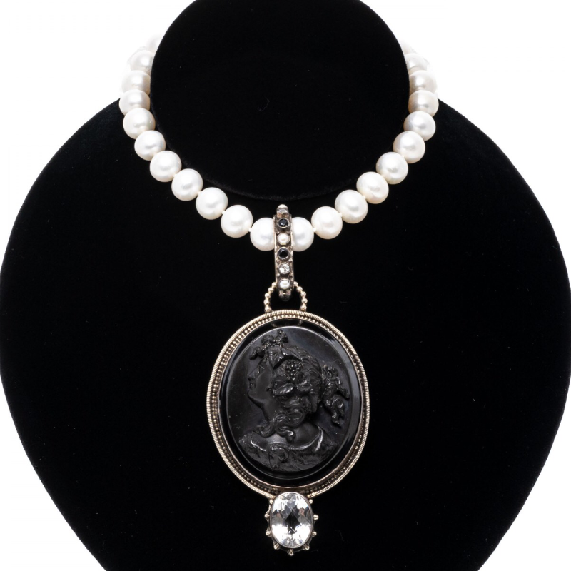 Margaret Thurman Sterling Silver Bold 9.5 Mm Cultured Freshwater Pearl & Black Cameo Necklace