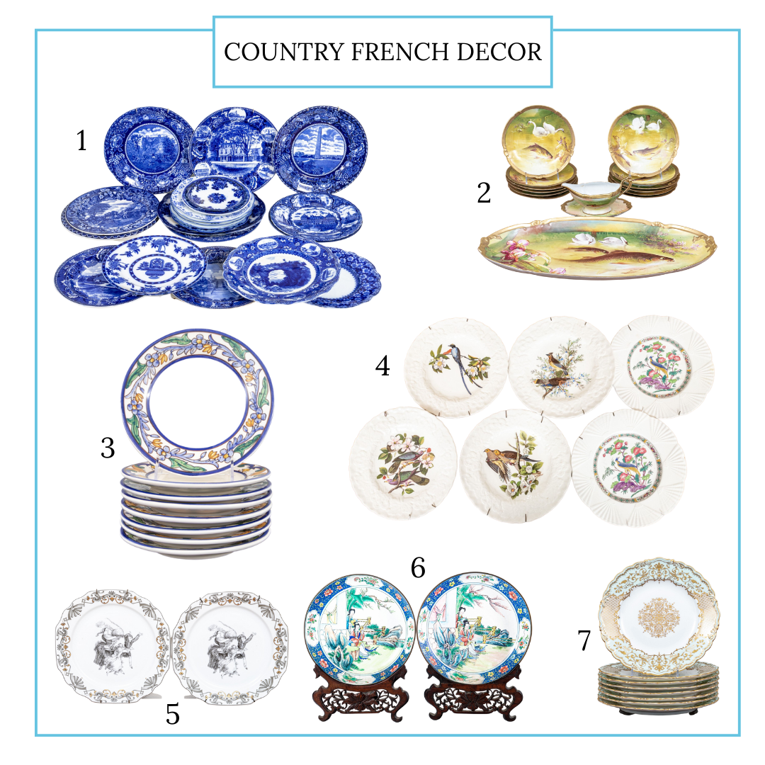 A collection of seven different sets of dishes and plates range from blue and white dinner plates to decorative Chinese for export porcelain dishes. All suitable for creating a French country themed design.