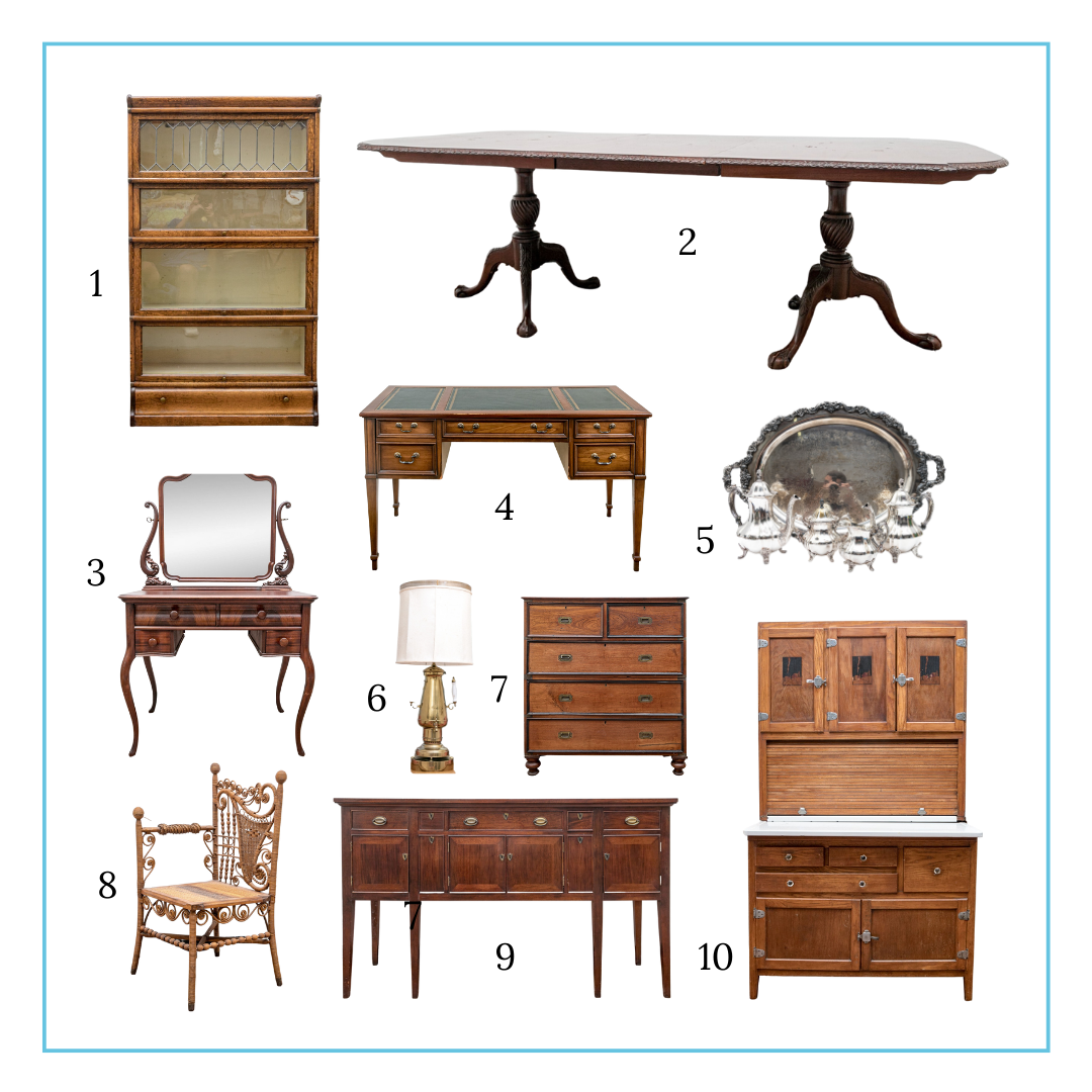 Ten assorted items make up Jennifer's curation including a vintage bookcase, huge dining table, Mahogany vanity dressing table, leather top desk, silver plated tray, table lamp, 19th century dresser, woven side chair, Sheraton-style sideboard and a vintage kitchen cabinet.