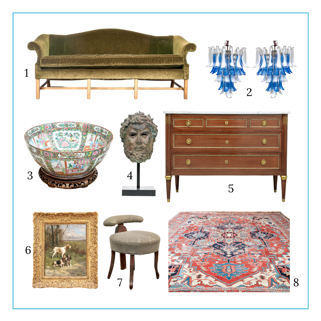 Amal's curation includes a velvet upholstered green couch, a blue & white Murano glass petal chandelier, a monumental Chinese porcelain bowl on Stand, an antique cast bronze Head of Zeus mounted on ebonized stand, a fine French Louis XVI style marble top commode, a Charles Olivier de Penne (French, 1831-1897) oil on panel, an antique gaming chair, an antique carpet