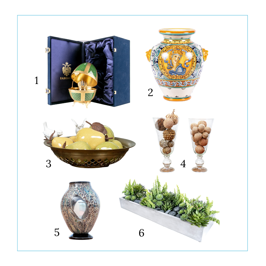 1. Rare Faberge Egg in Brazil Flag Motif with Surprise Crown  2. Jardiniere Hand Painted Italy  3. Charming Brass Bowl with Ceramic Fruit and Birds  4. Impressive, Decorative Pair of Glass Hurricane Vases  5. Vintage Modern Art Glass Vase  6. Stone Planter with Faux Greenery