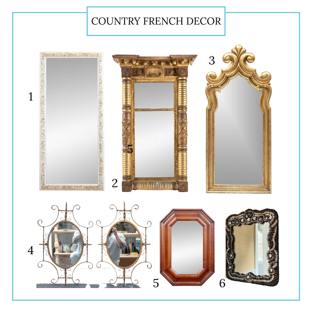 An assortment of six mirror lots ranging from Louis XV style gilt mirrors to more subdued wooden framed variations.