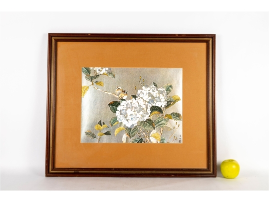 Japanese Foil Print Of Birds And Blossoms