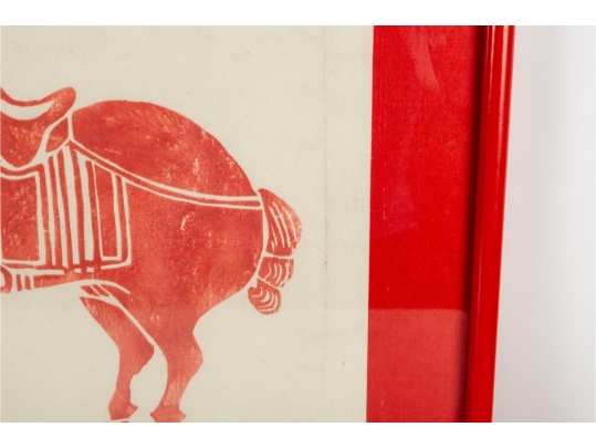 Chinese Vintage Framed Stone Rubbing Scroll Depicting A Warrior