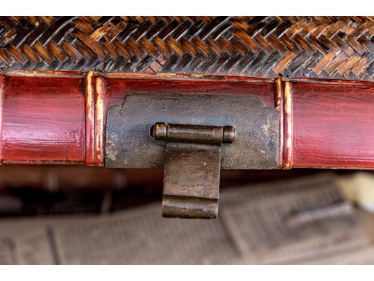 Vintage Chinese Woven Rattan And Lacquered Pillow Form Lidded Storage Box