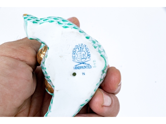 Herend Hungary Hand-Painted Bear Figure, Green Fishnet Pattern