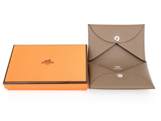 Hermes Taupe Leather Calvi Card Holder, With Box