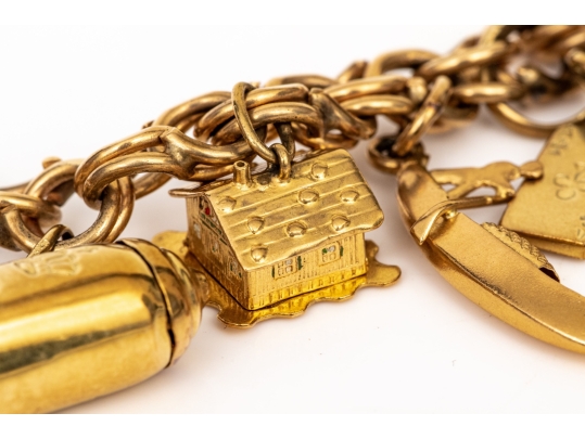 14k Yellow Gold Fabulous Vintage Travel Motif Charm Bracelet, With 14k, 10k And 9k Assorted Charms