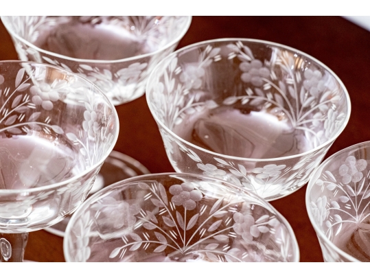Set Of Six Elegant Etched Glass Champagne Coupes