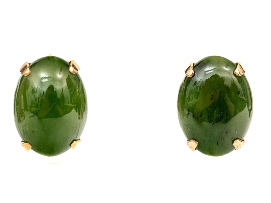 14k Yellow Gold Vintage Simple Oval Green Nephrite Jade Screwback Style Earrings