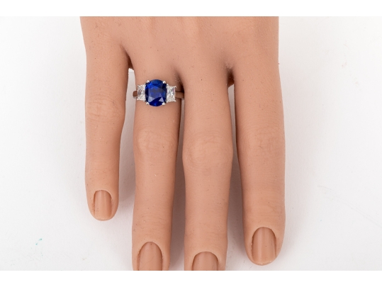 Platinum Beautiful Sapphire And Diamond Three Stone Ring, Size 5.75