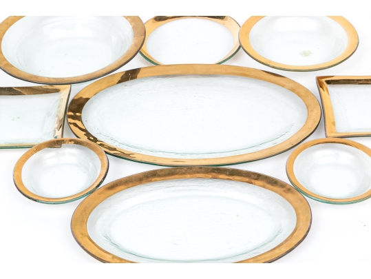 Annieglass, 9 Piece Lavish Gilt Trimmed Glass Serving Wares