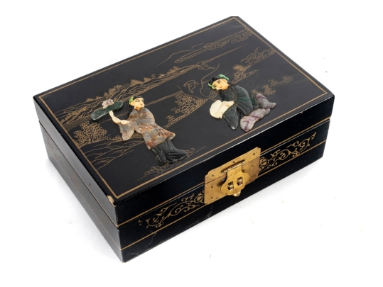 Chinese Black Lacquer Jewelry Box With Hardstone Figures