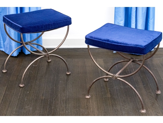 Pair Of Custom Upholstered Iron Neoclassical Style Stools