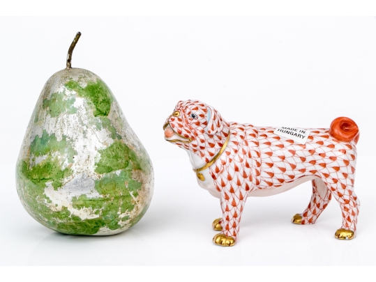 Herend Hungary Hand-Painted Porcelain Bulldog, Rust Fishnet Pattern, First Edition