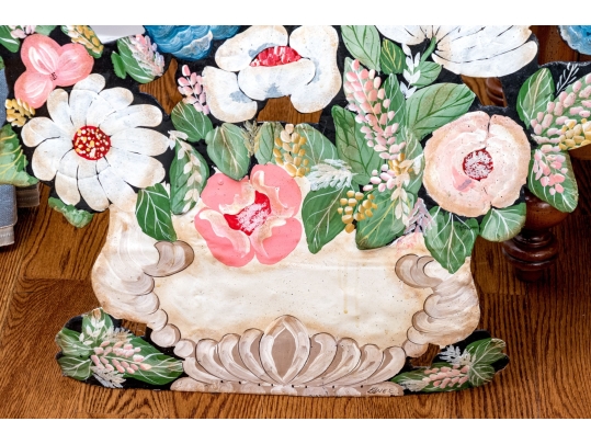 Antique Whimsical Hand-painted Tole Floral Bouquet Form Easel Back Fire Screen
