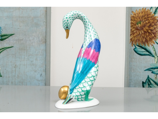 Herend Hungary Hand-Painted Porcelain Goose With Golden Egg, Green Fishnet Pattern, 7 1/2