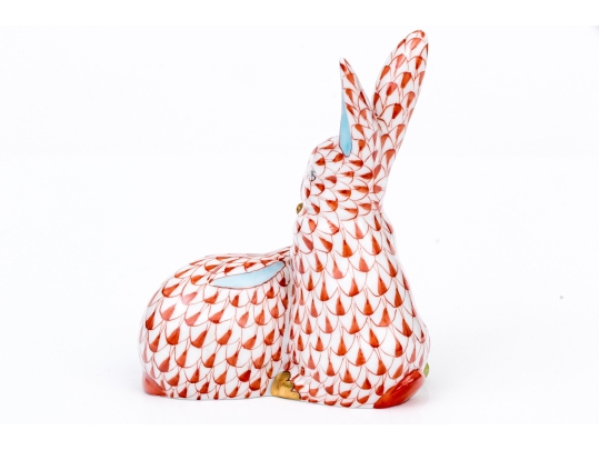 Herend Hungary Hand-Painted Porcelain Figure, Rust Fishnet Rabbits With Corn