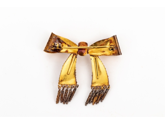 French 800 Vermeil Silver Beautiful Ornate Red And White Fringed Enamel Bow Brooch