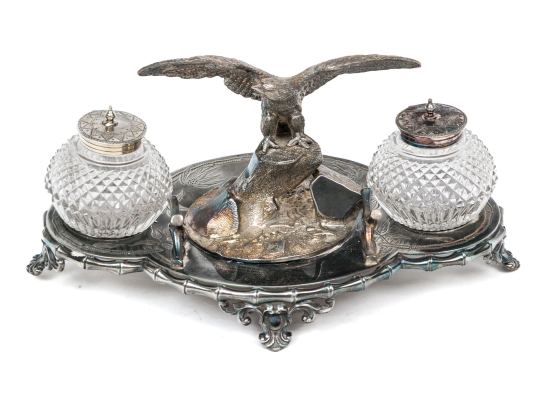 English Silver Plated Inkwell With Two Crystal Inkwells