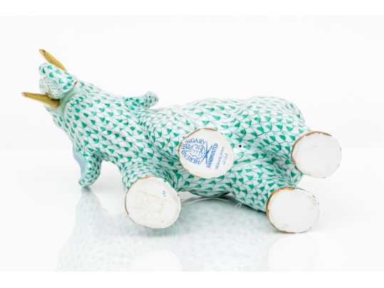 Herend Hungary Porcelain Elephant Figure, Green Fishnet Pattern