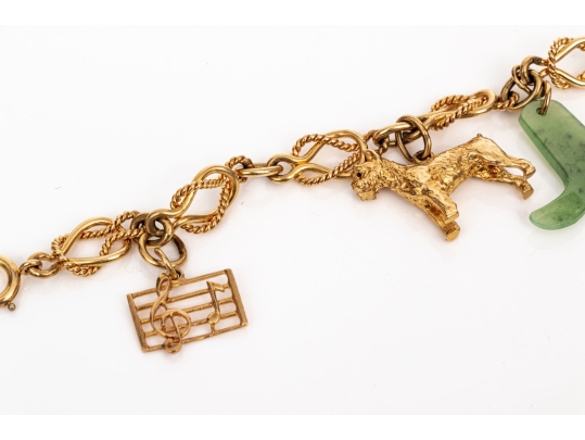 14k Yellow Gold Fun Rope Motif Vintage Charm Bracelet, With 14k And 9k Assorted Charms