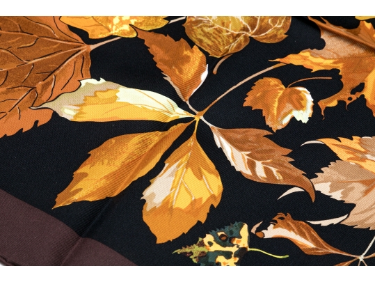 Hermès Striking Fall Leaves Motif Brown And Black Toned Silk Scarf
