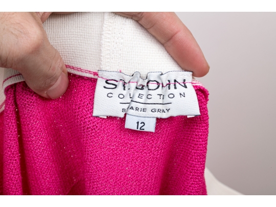 St. John Pink And Navy Blue Cardigan And Skirt Suit, Size 12