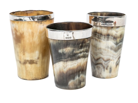 Antique English Collection Of Three Sterling Silver Mounted Carved Horn Cups
