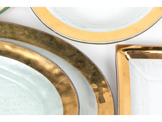 Annieglass, 9 Piece Lavish Gilt Trimmed Glass Serving Wares