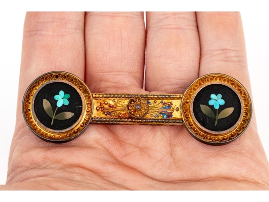 14k Gold Antique Beautiful Ornate Pietra Dura Grand Tour Brooch