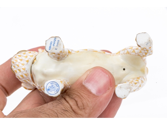 Herend Hungary Hand-Painted Porcelain Pug Figure, Butterscotch Fishnet Pattern