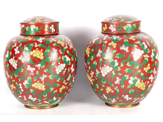Pair Of Chinese Cloisonné Red Lidded Ginger Jars With Floral Motifs